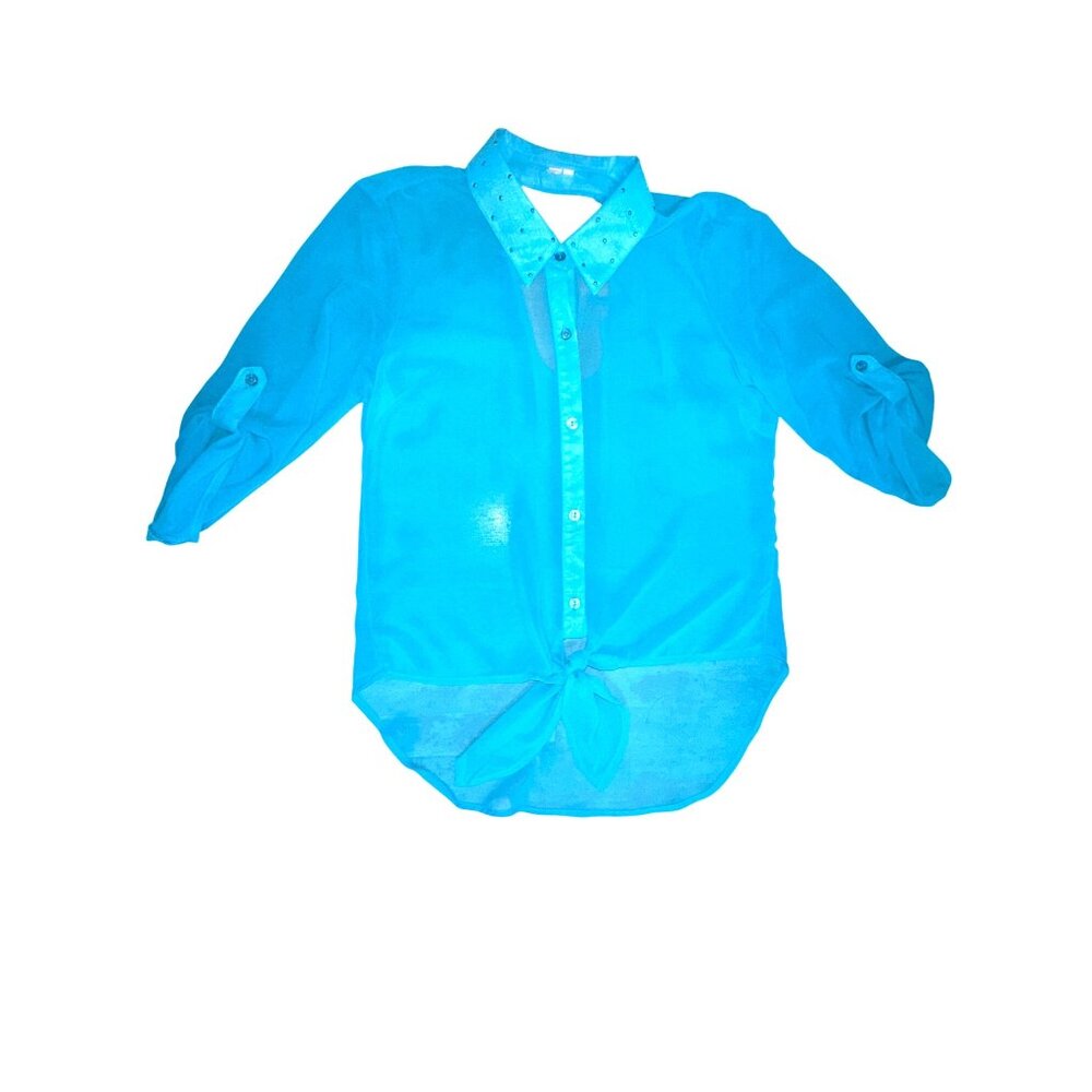 CCC Turquoise Tie Front Cutout Back Blouse Medium Statementwear Sheer Urban Chic - Picture 7 of 9